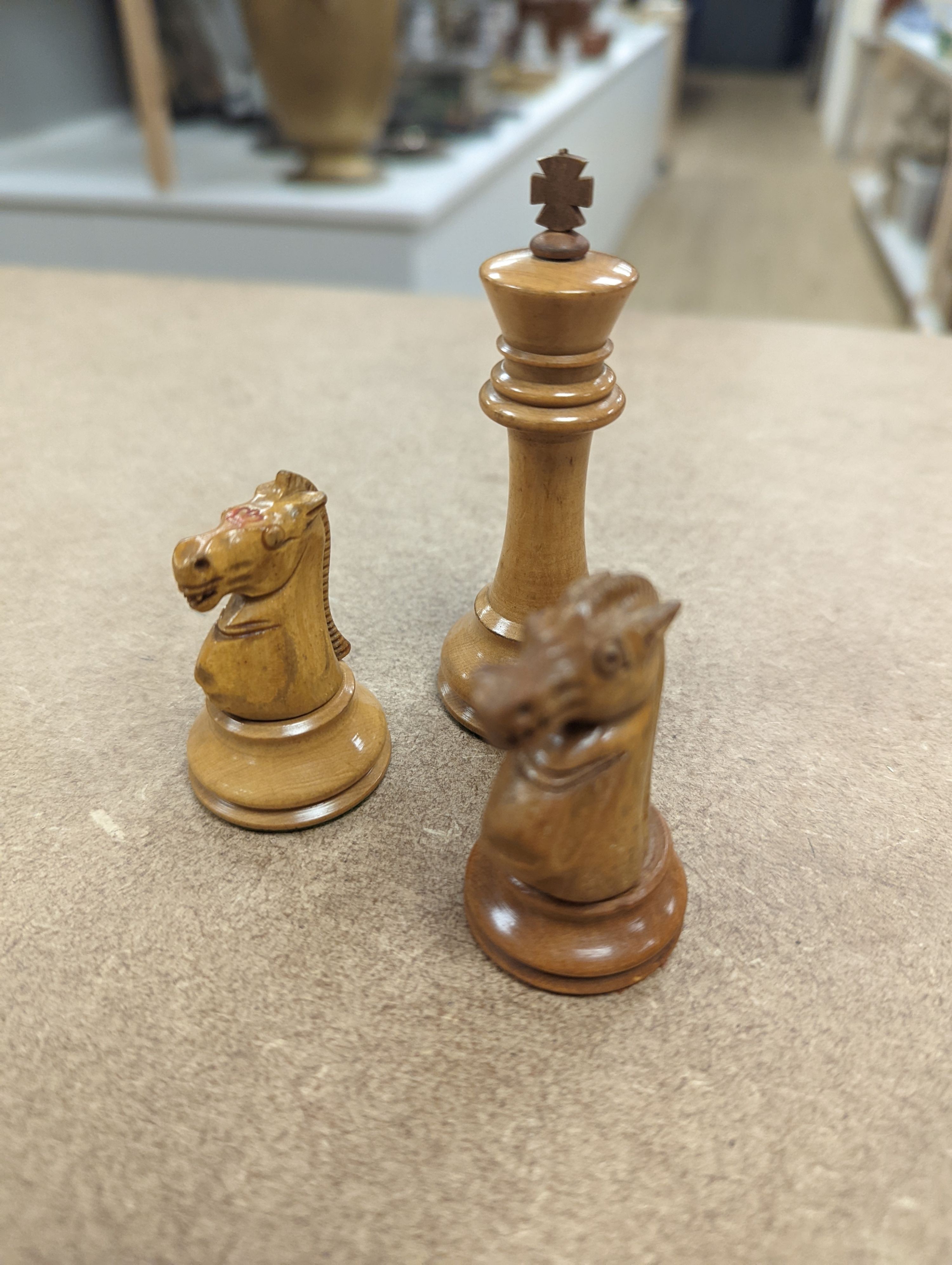 A Staunton chess set, some associate pieces and a miniature chess set. King height - 9cm